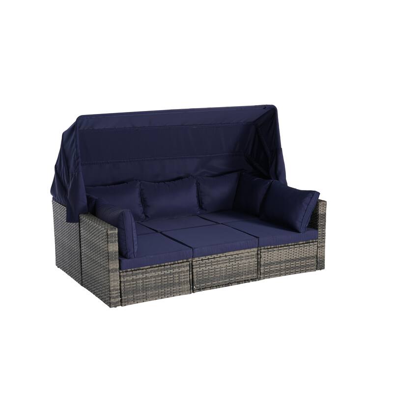 5-Piece Outdoor Patio Wicker Daybed Set with Retractable Canopy, Storable Table