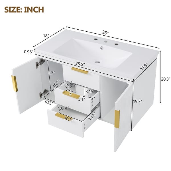 dimension image slide 0 of 2, 30" Floating Bathroom Vanity Cabinet with Undermount Resin Sink, Wall Mounted Bathroom Storage Cabinet with 2 Drawers, White