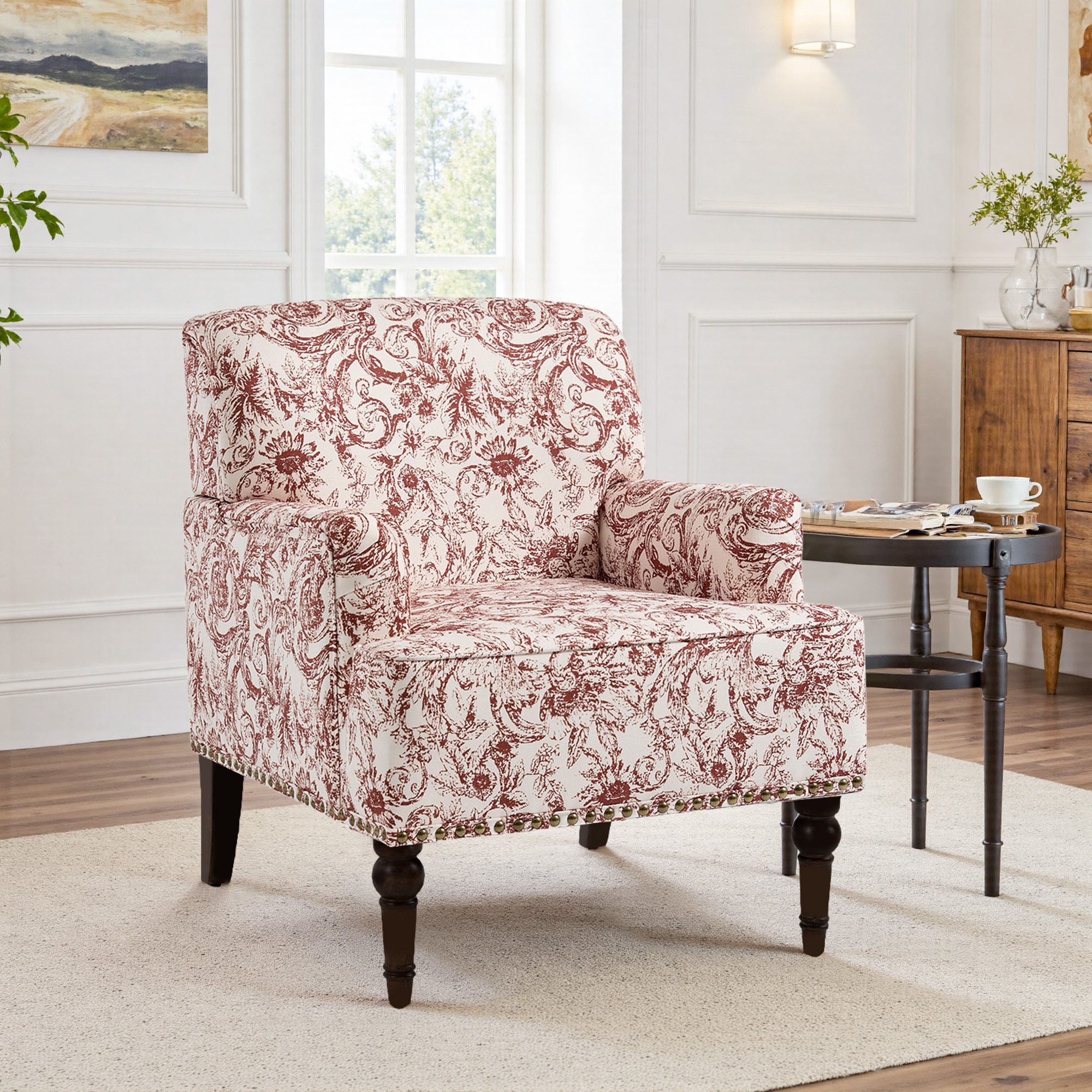 Linen Accent Chairs Nailhead Trim Armchairs with Wooden Legs