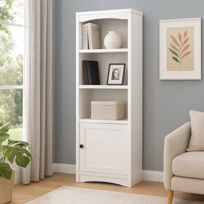 Donna Media Tower Pier Cabinet, Adjustable Shelves, White Wood 71 Inch