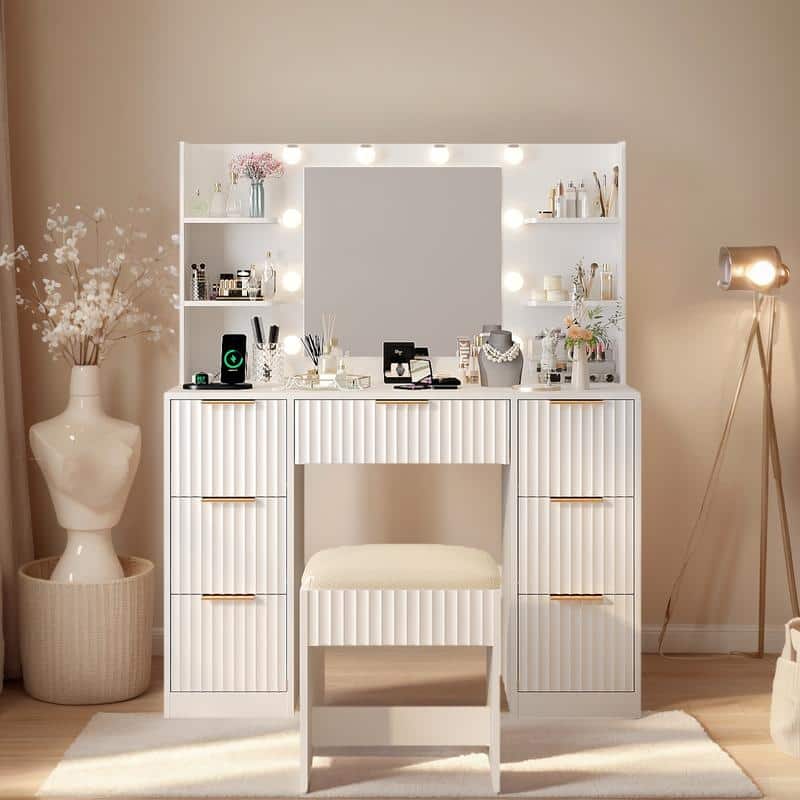 Particle Board Laminated with Textured Melamine, 7-Drawer 4-Tier Shelf, with 10 Three-Color Dimmable Bulbs, Dressing Table Set - White