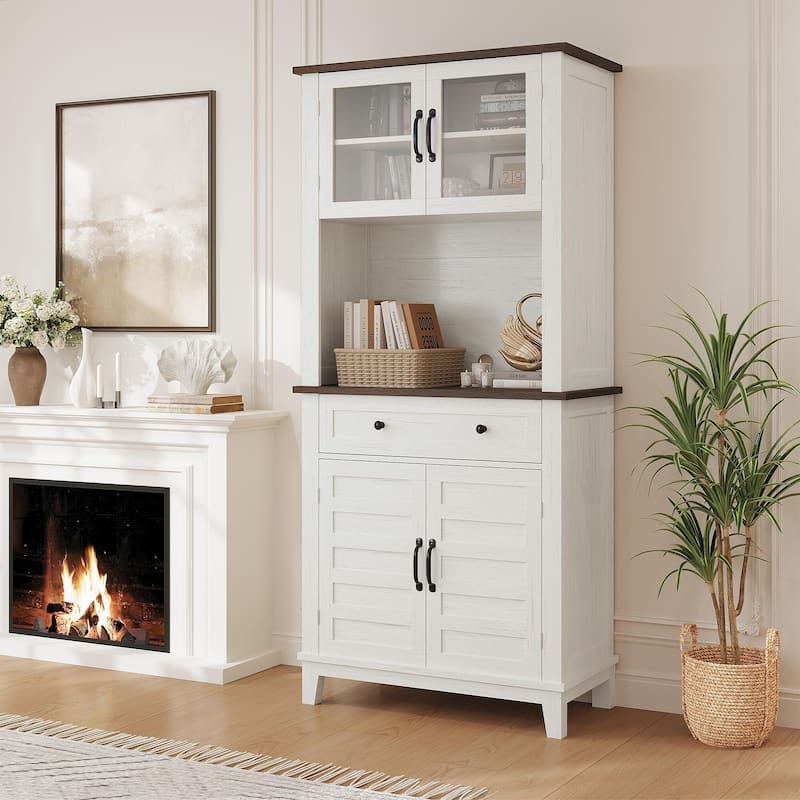 Kitchen Pantry, 72" Farmhouse Coffee Bar Table with Storage Drawers & Glass Doors