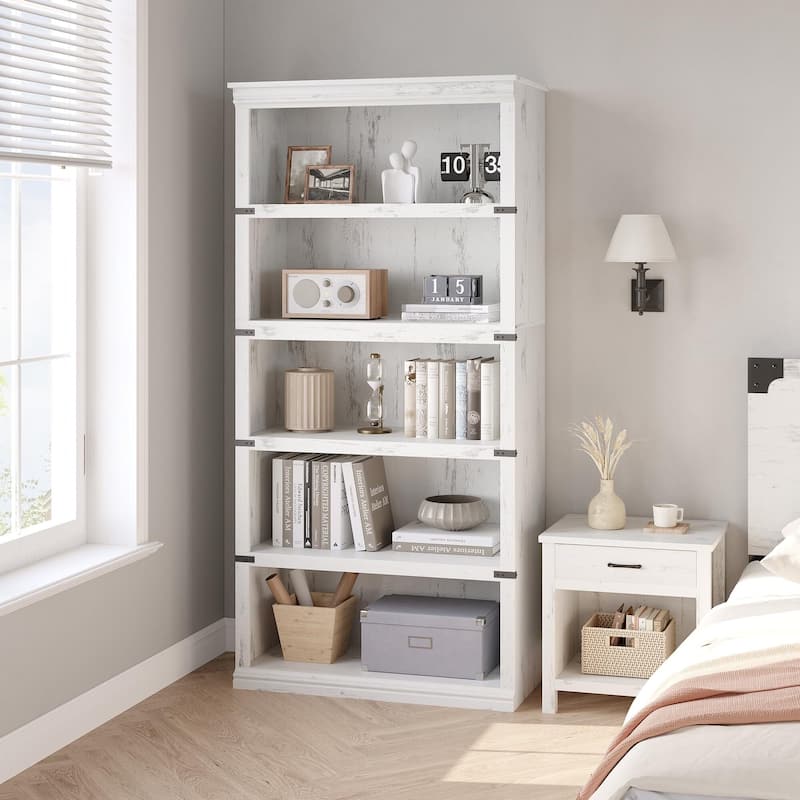 5 Tier Farmhouse Bookcase, 67.4" Tall Book Shelf with Storage, Wooden Bookshelves 5 Shelf