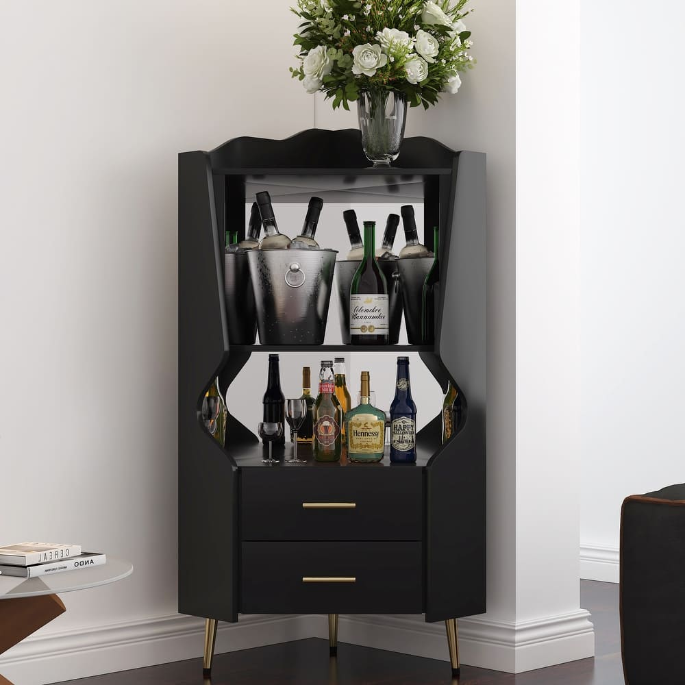 Wooden Corner bar cabinet with 2 open storage shelves and 2 drawers, mirrored back sideboard cabinet