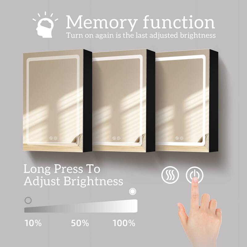 ZEAFIVE LED Black Bathroom Medicine Cabinet Surface Mount Defog Medicine Cabinet 3 Lights Dimmable