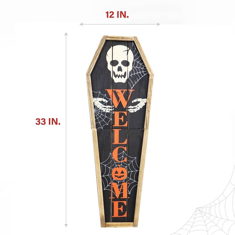Haunted Hill Farm 33-In. Wood Coffin Welcome Sign with Folding Storage Hinges for Halloween Hanging Decoration