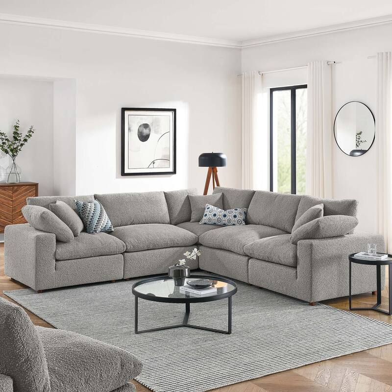 Commix Down Filled Overstuffed Boucle Fabric 5-Piece Sectional Sofa - Light Gray