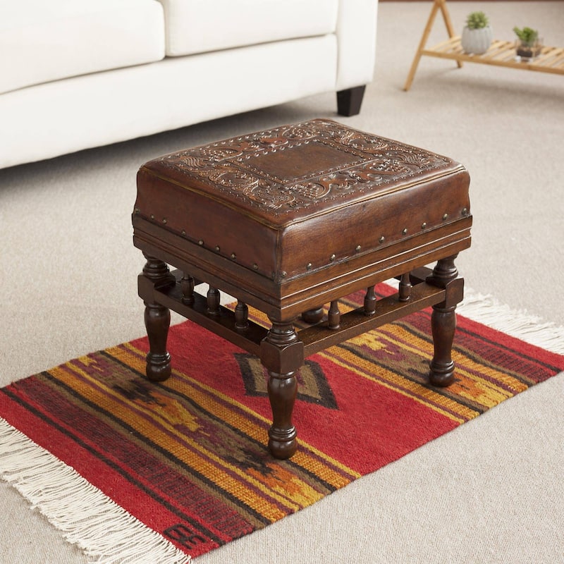 Wood and leather stool, 'Birds Among the Vines' - 15.75" H x 16.5" W x 15" D