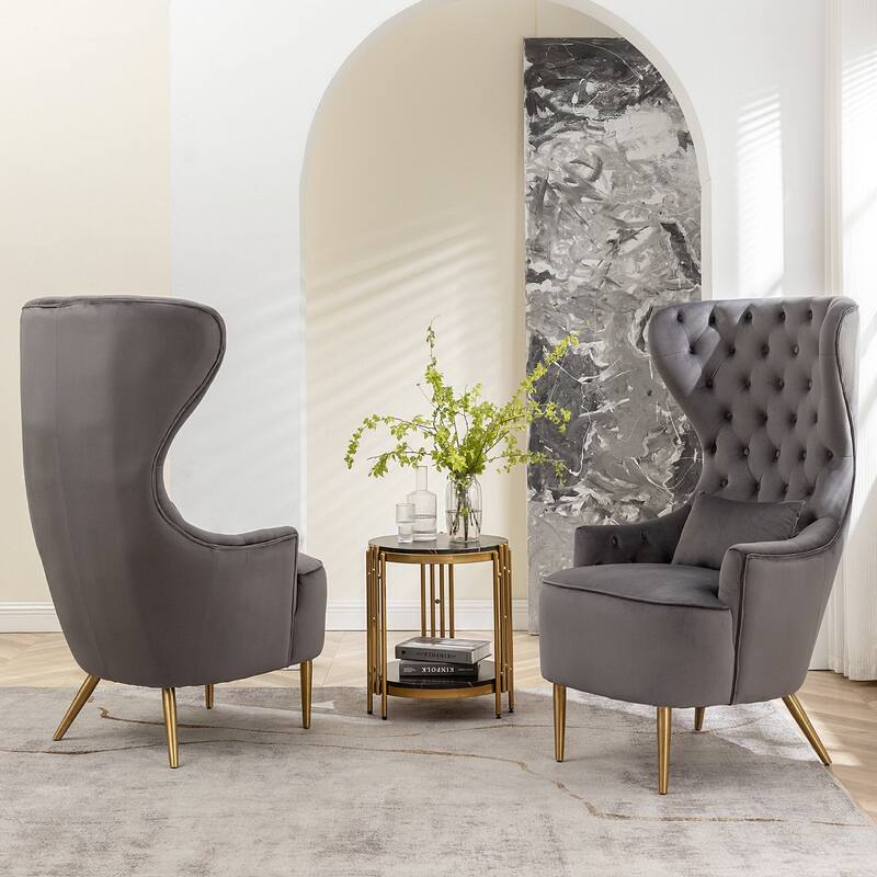 KINWELL Tufted High Wingback Accent Chairs Velvet Armchairs, Set of 2