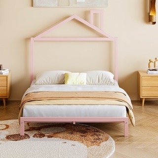 Metal Platform Bed for Kids, Low Bed Frame with House Shaped Headboard & Slats Support, No Spring Box Need, Easy to Assembly