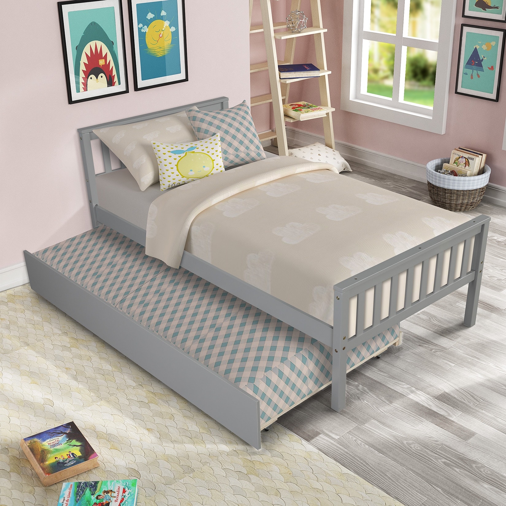 Twin Bed with Trundle, Platform Bed Frame with Headboard and Footboard for Bedroom Small Living Space, No Box Spring Needed
