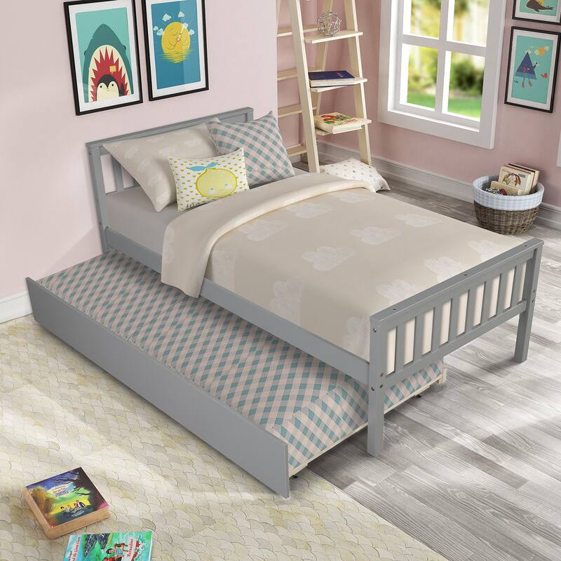 Twin Size Pine Wood Platform Bed Frame with Trundle, Headboard and Footboard for Small Spaces - Grey