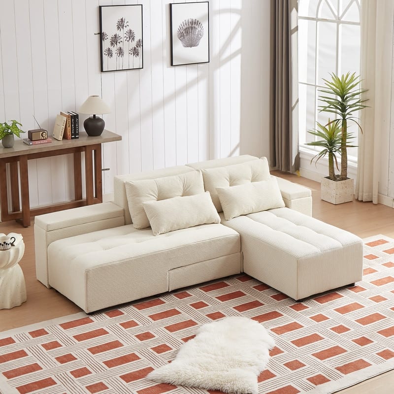 111" Convertible Corduroy 3-in-1 Sofa Bed and Sectional Sofa with Storage, 4 Pillows