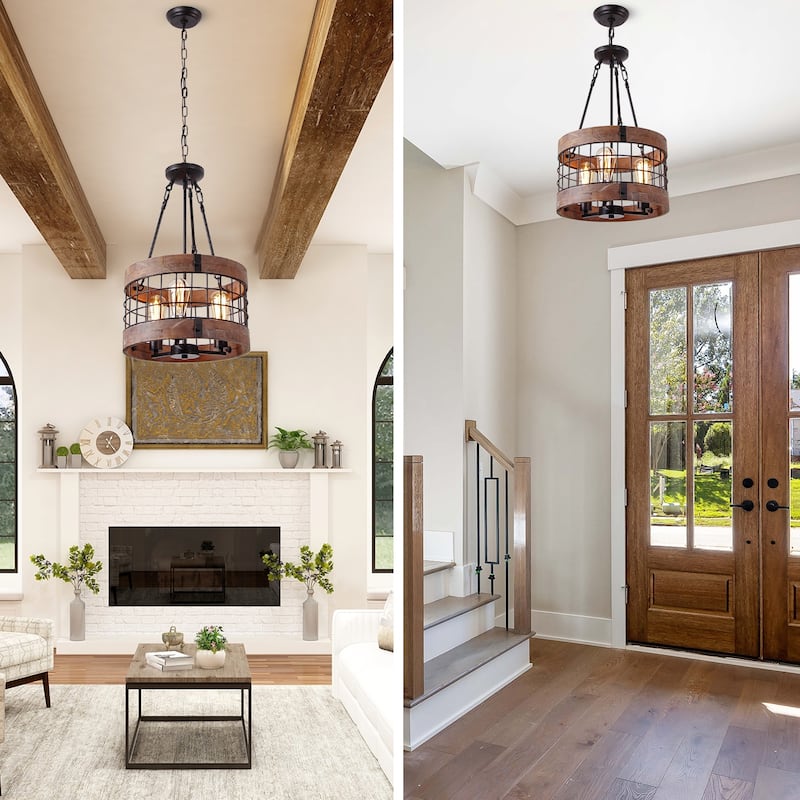 Anmytek Modern Farmhouse 3-Light Wood Drum Chandelier Round Metal Pendant Lights for Dining Room - 14" D x 24" H