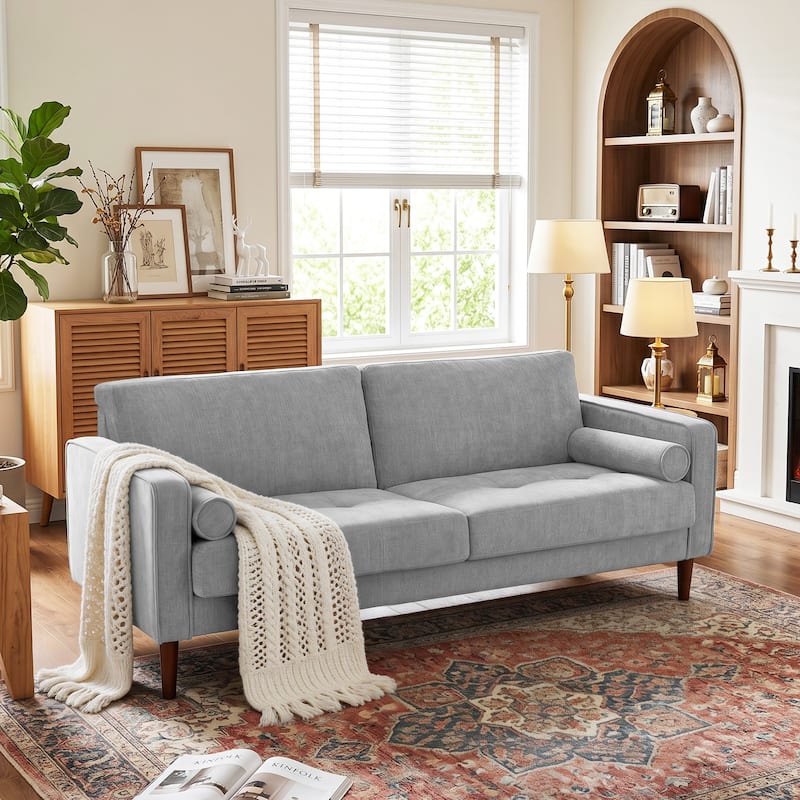 62.5'' W Corduroy Couch Upholstered Square Arm Sofa - Chenille Fabric - Light Grey/Loveseat Sofa