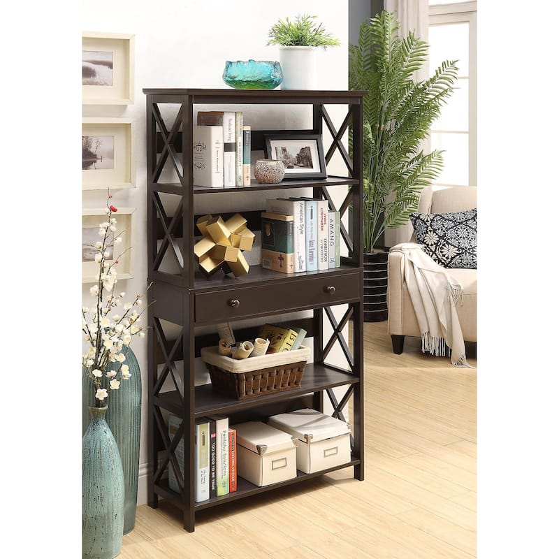 5-Tier Bookcase with Drawer and X-Pattern Design for Functional Storage and Hidden Organization - 31.5