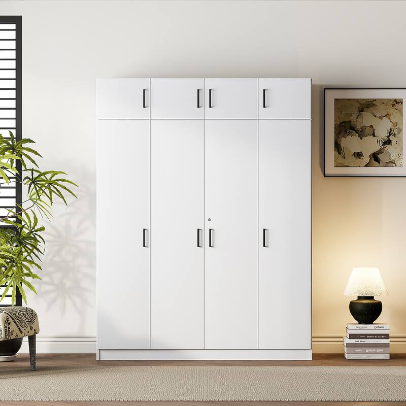 4-Door Wardrobe Armoire with Drawer and Overhead Cabinet Clothes Storage Cabinet for Bedroom