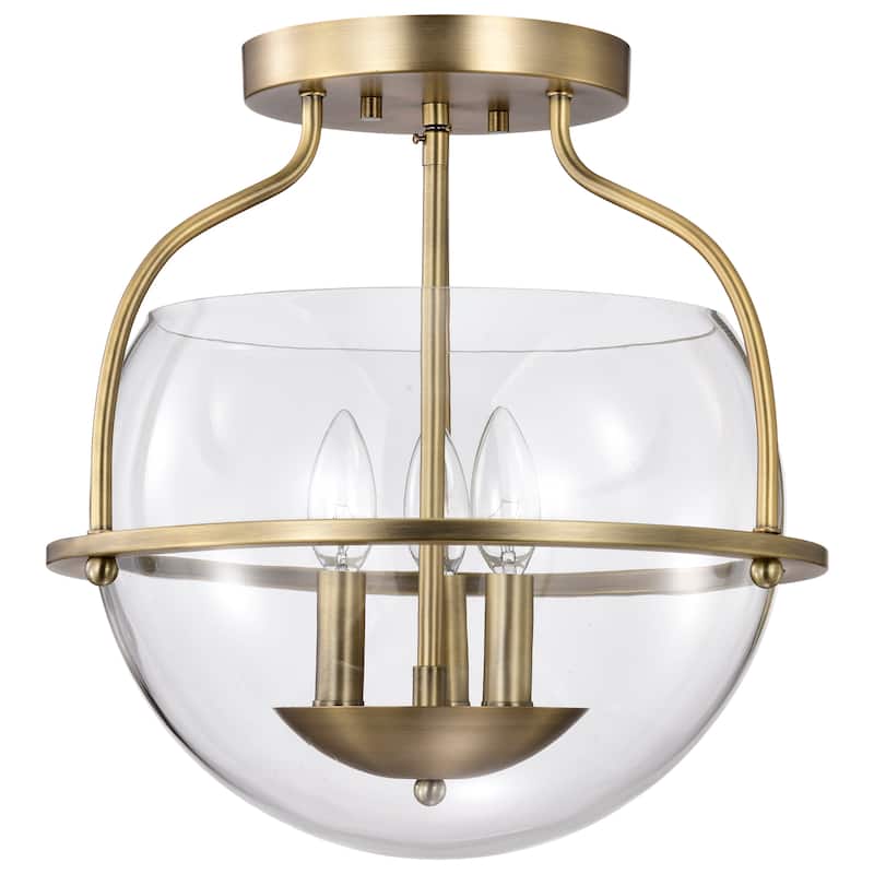 Amado 3 Light Semi Flush Mount - Vintage Brass Finish - Clear Glass - Vintage Brass