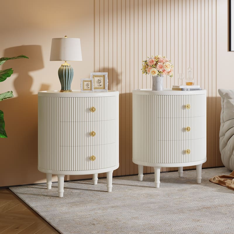 Nightstand with 3 Drawers, Farmhouse Night Stand with Storage for Bedroom, Beige White - 2 - 3-drawer