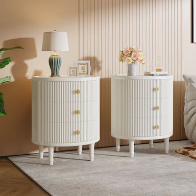 Nightstand with 3 Drawers, Farmhouse Night Stand with Storage for Bedroom, Beige White