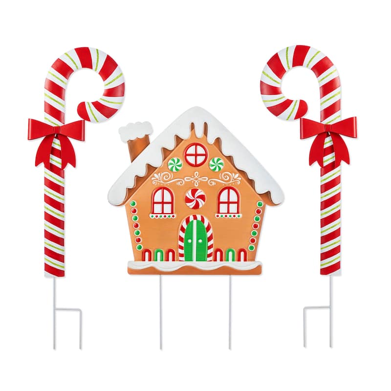 Glitzhome 33"H Set of 3 Metal Christmas Gingerbread House and Candy Cane Yard Stake - Multi