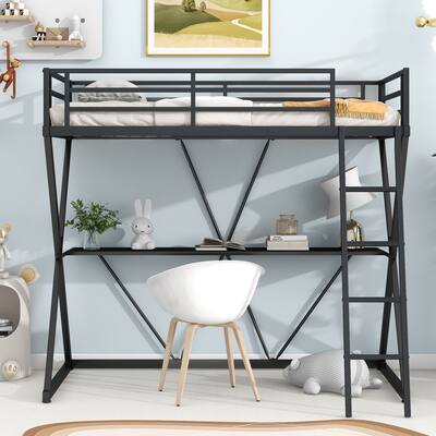 X-Shaped Metal Loft Bed Frame w/Desk, Ladder and Full-Length Guardrails, Twin Size