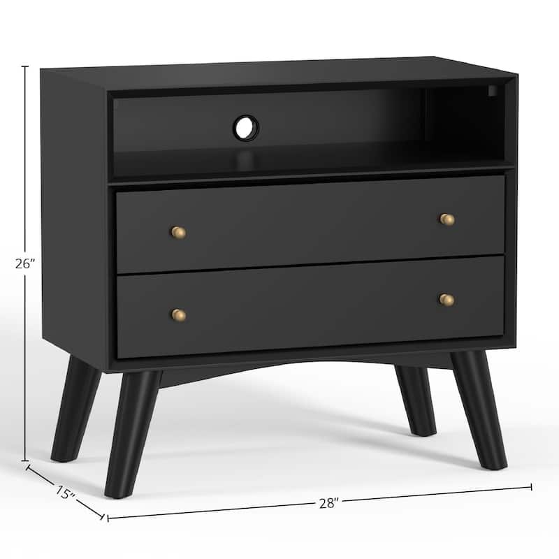 Alpine Furniture Flynn Large 2 Drawer Wood Nightstand, Black