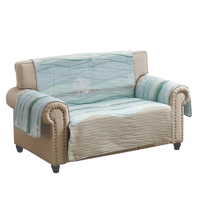 Niha 103 Inch Loveseat Cover with Ocean Wave Print and Quilting, Multicolor