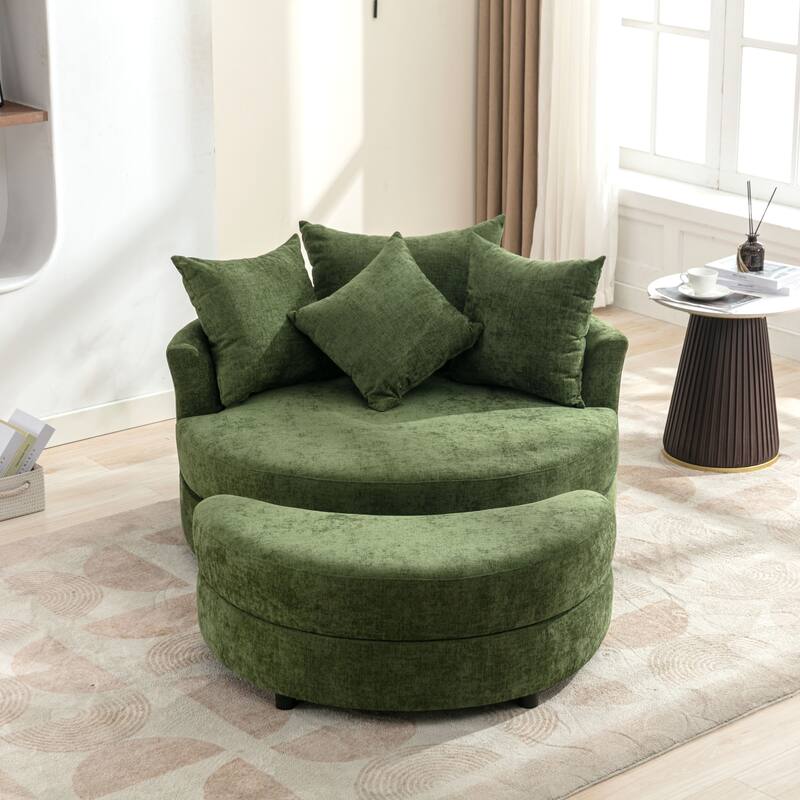 360° Swivel Accent Barrel Chair with Storage Ottoman & 4 Pillows, Modern Chenille Leisure Chair Round Accent
