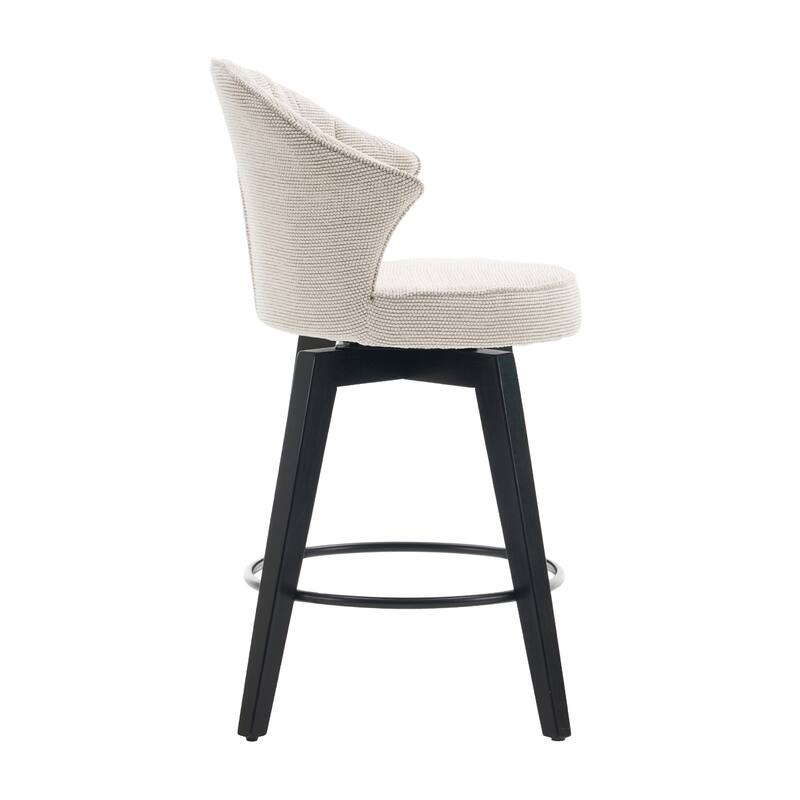Set of 2 Chenille Upholstered Swivel Bar Stools with Solid Wood Legs and Wing Back