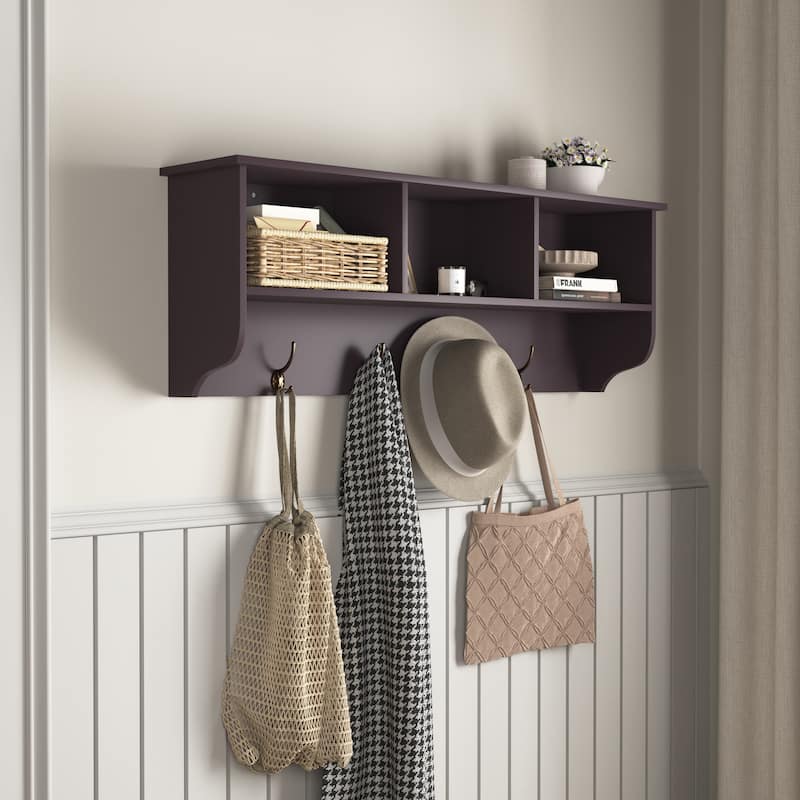 Espresso Entryway Wall Mounted Coat Rack with 4 Dual Hooks Living Room Wooden Storage Shelf