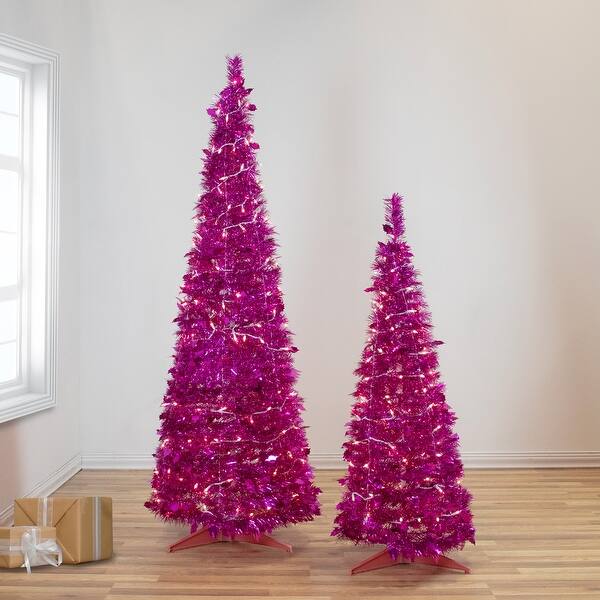 4' PreLit Pink Tinsel PopUp Artificial Christmas Tree, Clear Lights