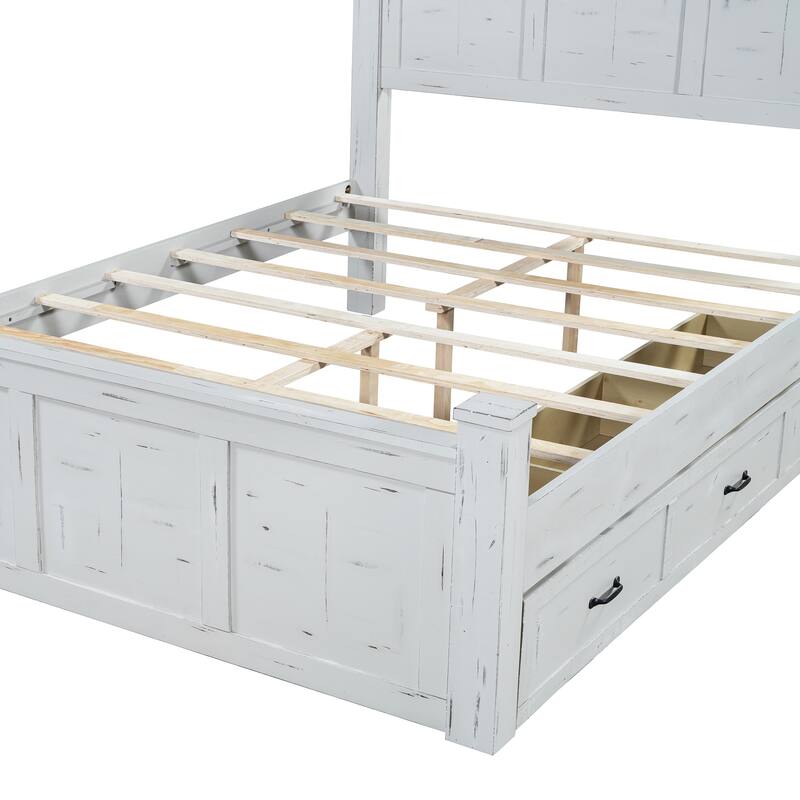 White Distressed Platform Bed Frame Wood Panel Bed w/ 3 Storage Drawers