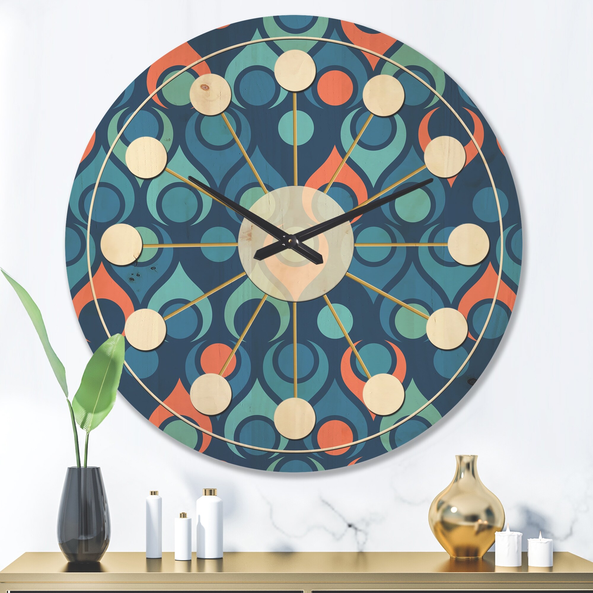 DesignQ 'Retro Minimal Patttern in Blue and Orange' Mid-Century Modern Wood Wall Clock DesignQ 'Retro Minimal Patttern in Blue and Orange' Mid-Century Modern Wood Wall Clock