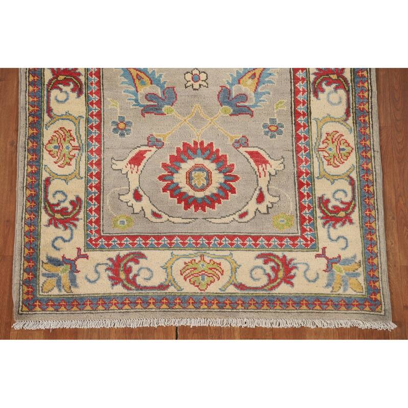 Kazak Runner Rug Hand-Knotted Floral Wool Carpet - 3'3" x 9'8"