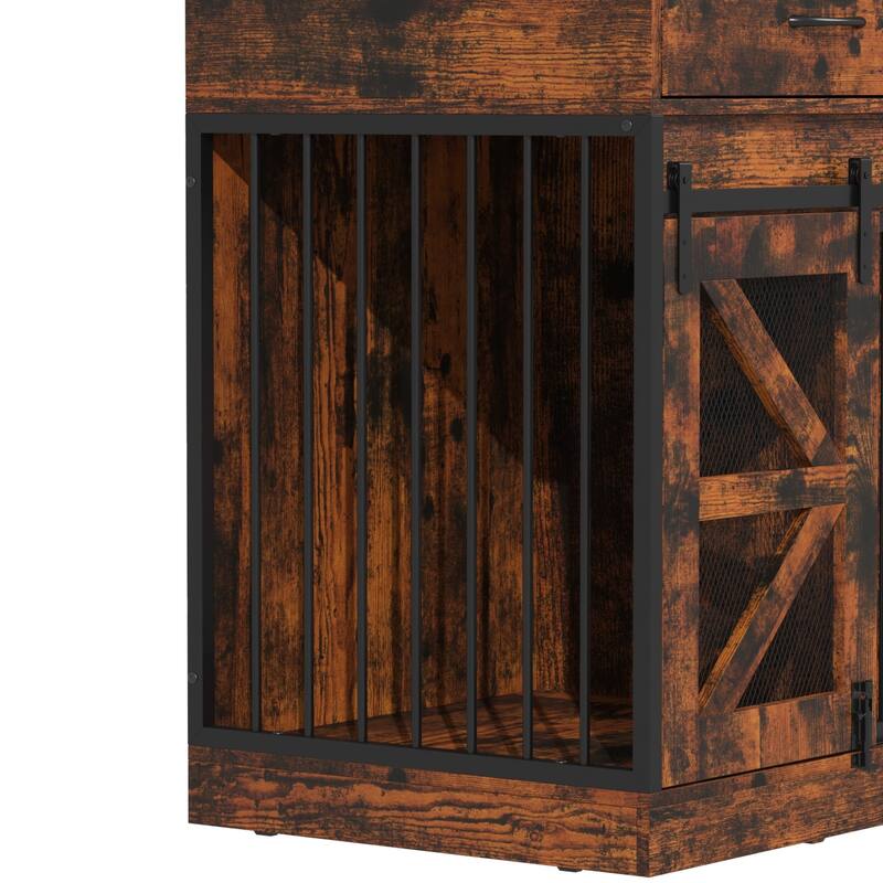 Double Dog Crate Furniture w/Drawers for Small Dogs, Rustic Farmhouse Dog Kennel End Table, Sliding Barn Doors - 47.2"W