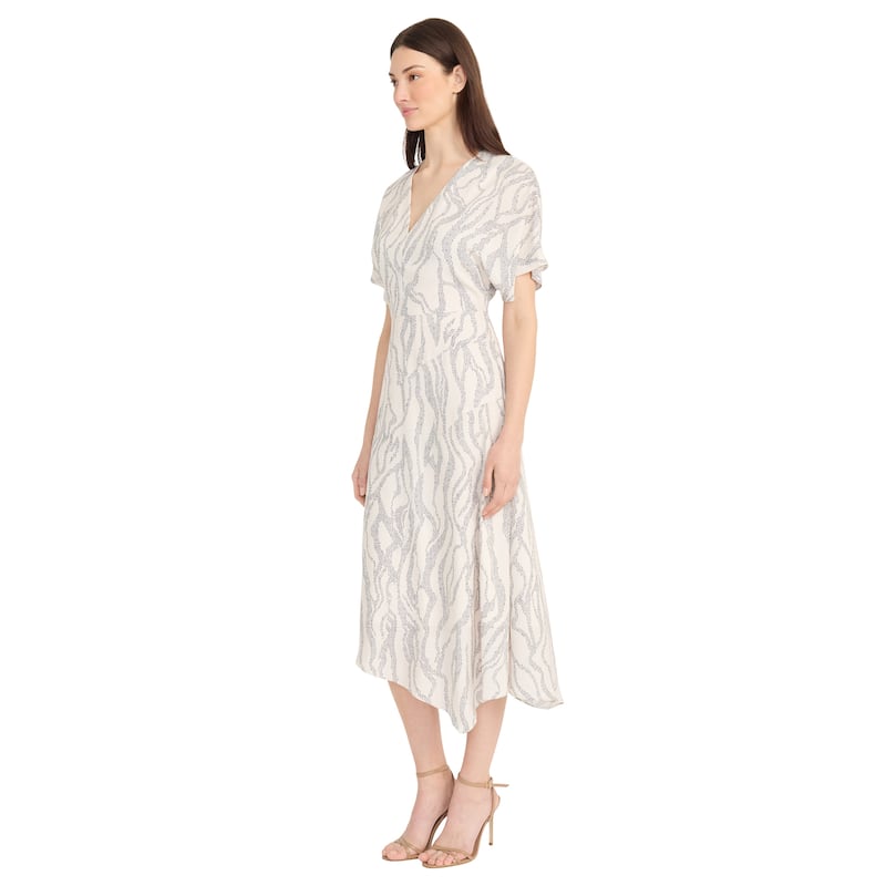 V-Neck Short Sleeve A-Line Midi Dress With Asymmetric Hem And Back Zipper - Ivory/Charcoal - 14
