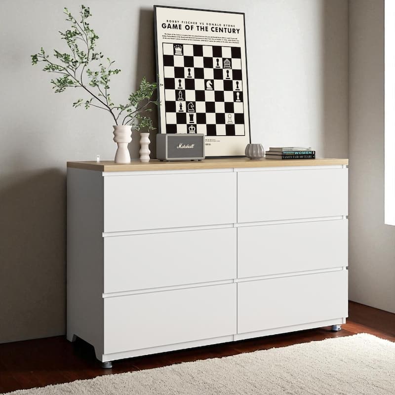 6 Drawer Dresser, Wide Chest of Drawers, Modern Wood Storage Cabinet Clothes Organizer for Bedroom and Entryway