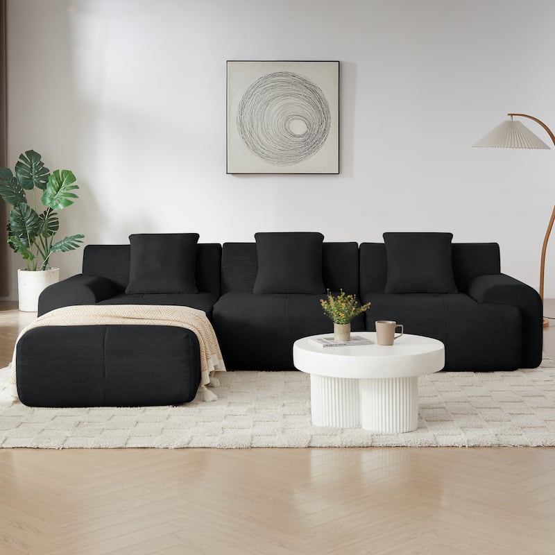 Oversized L-shaped Sectional Sofa with Chasie, 3 Seater Modular Couch with Deep Seat, Wide Armrests, Movable Ottoman and Pillows - Black