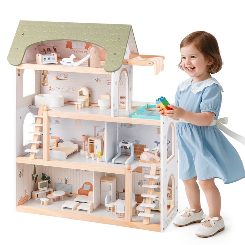 33 Pieces Kids Wooden Dollhouse with Furniture Multi-Room Design and Safe Pinewood Frame - 25" x 10" x 31"