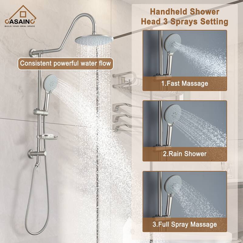 Exposed Pipe Shower System with 10-In Rainfall Shower Head and Handheld Shower
