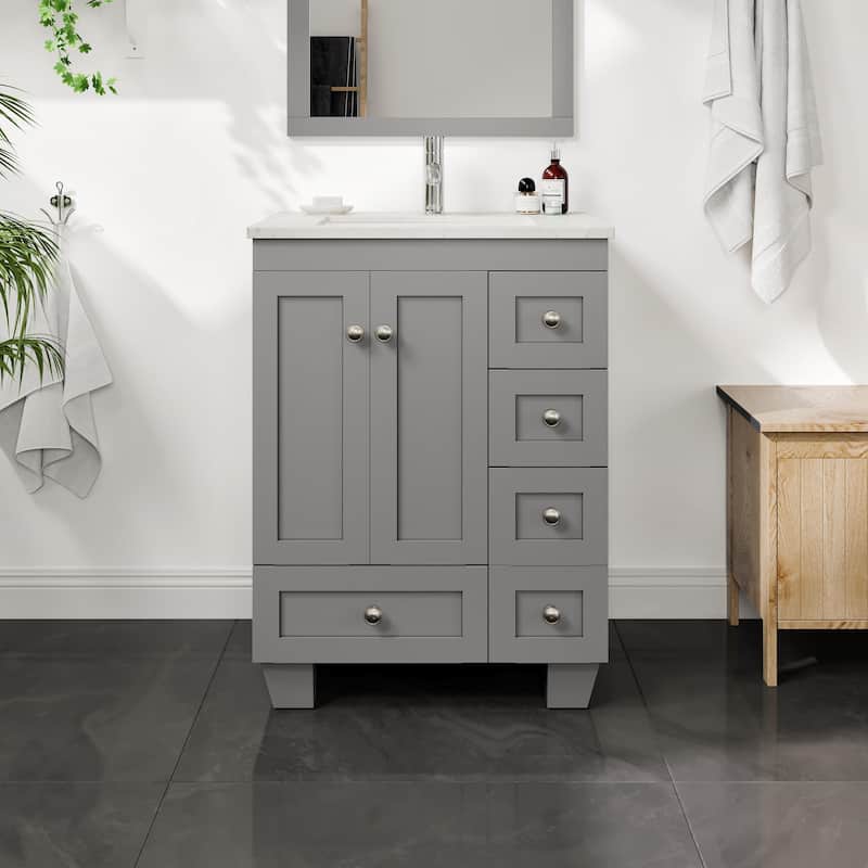 Eviva Happy 24"W x 18"D Gray Bathroom Vanity with White Carrara Quartz Vanity Top and Rectangular Undermount Sink