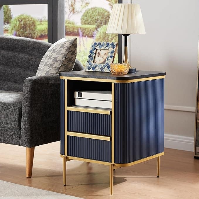 Modern Luxury Fluted Nightstand with faux marble tabletops, End Table