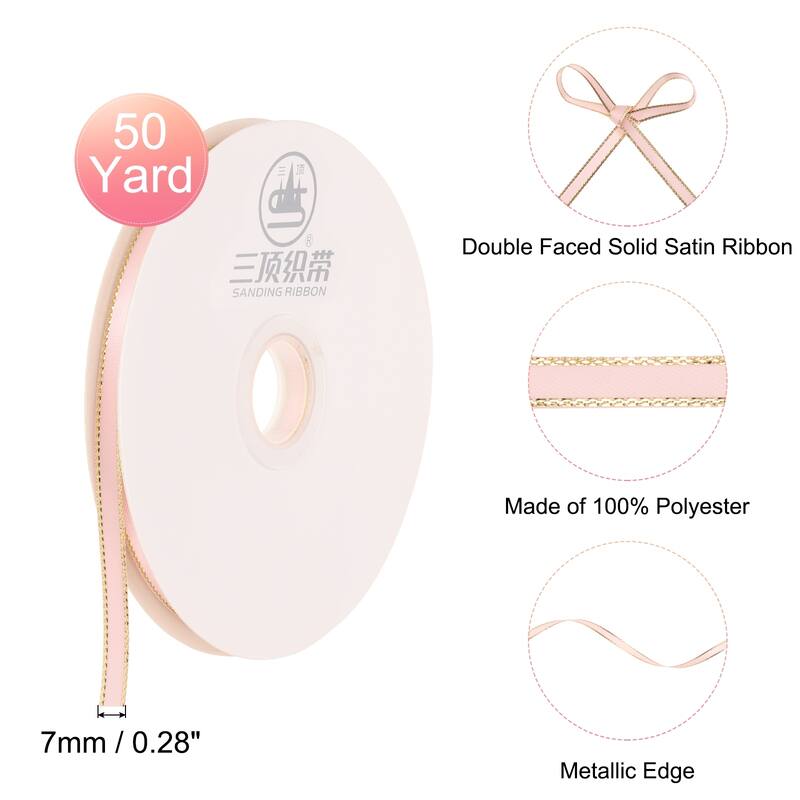 50 Yards Satin Ribbon Polyester with Gold Edge for Gift Decoration, 1 Roll - Pink,Gold Edge