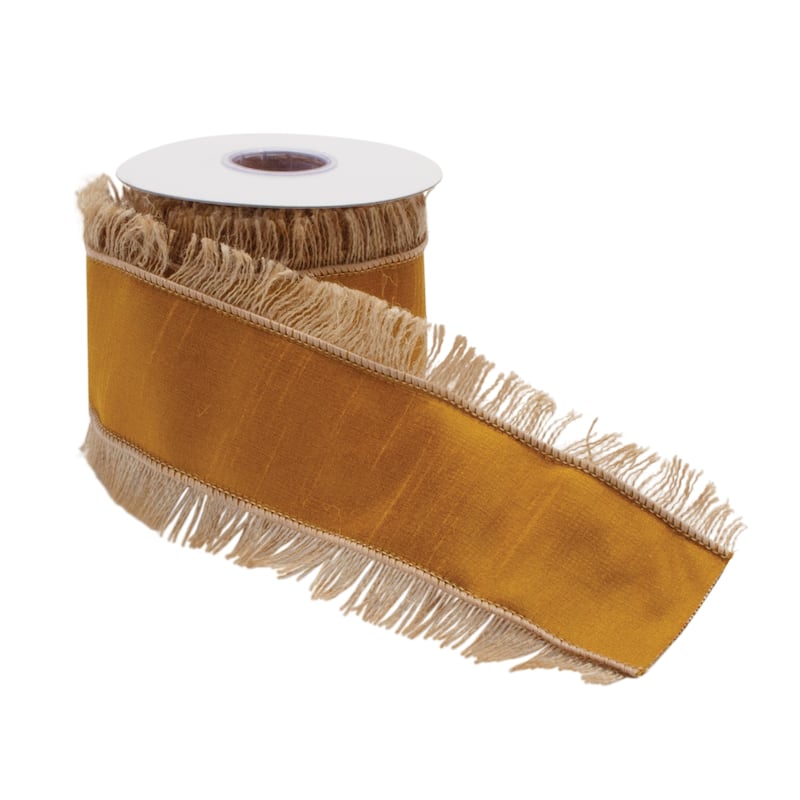 Set of 2 Wired Holiday Ribbons 180" Long Jute and Cotton Ribbon with Fringe for Gift Wrapping or Decor - 180”L x 4”W x 0.25”H