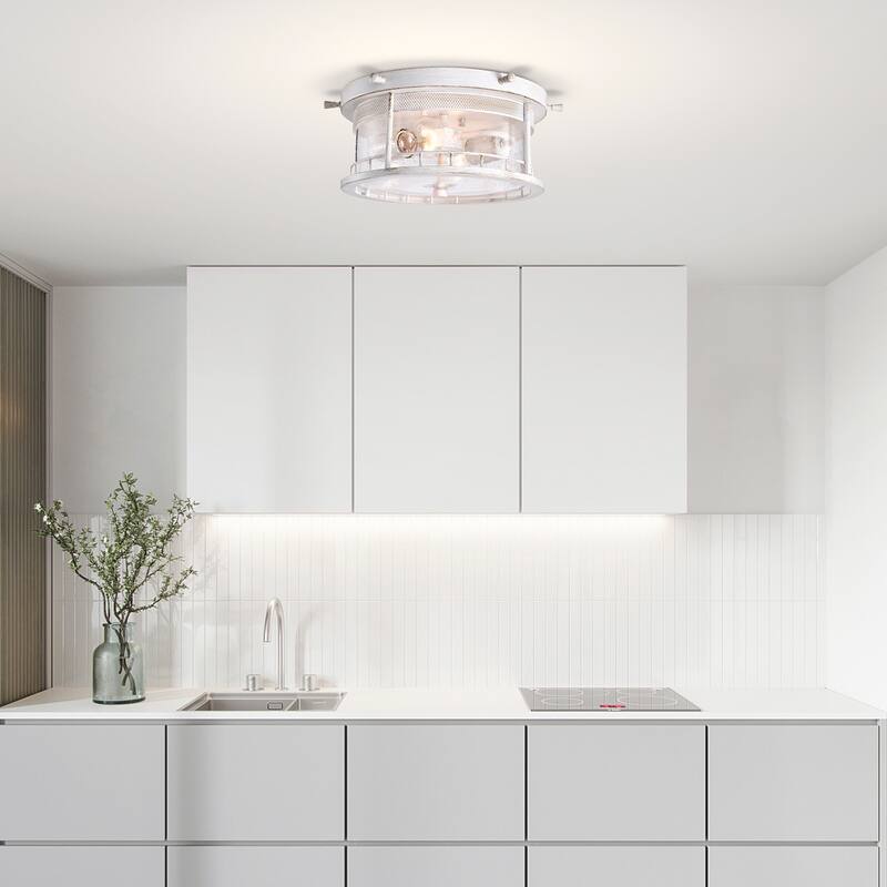Antique White 2-Light Flush Mount with Caged Glass Shade
