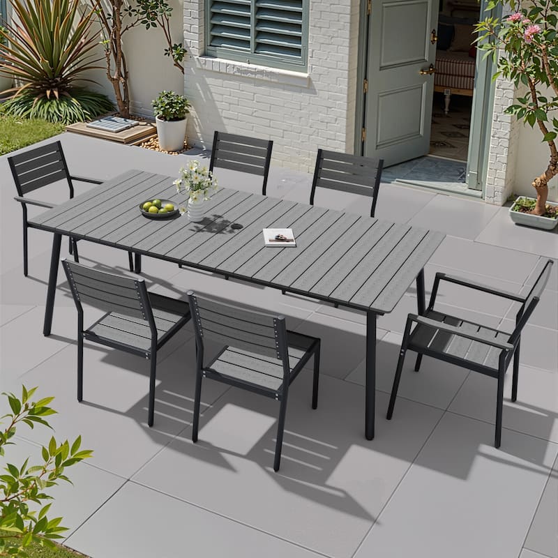 VredHom 7/9-Piece Outdoor Patio Aluminum Dining Table with Stackable Chairs Umbrella Hole