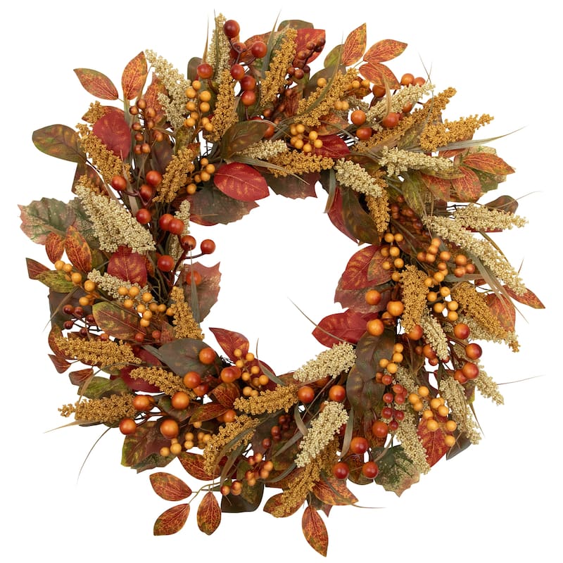 Autumn Leaves and Berries Fall Harvest Artificial Wreath - 24" - Unlit