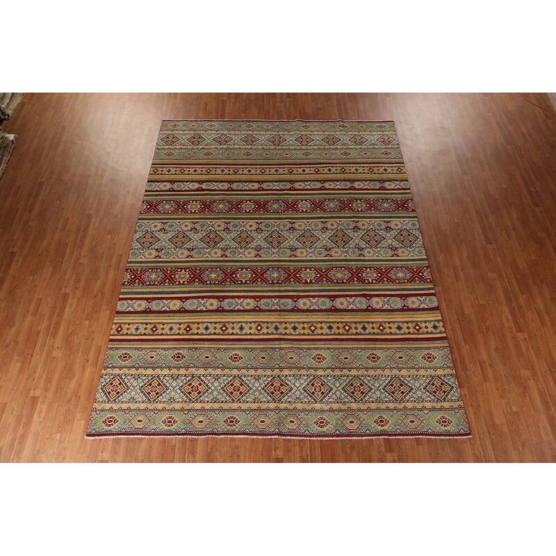 Striped Kazak Geometric Area Rug Wool Carpet - 9'10" x 12'9"