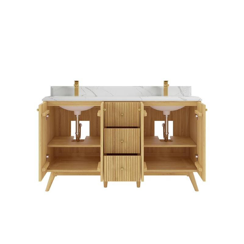 Willow Collections 60 in. W x 22 in. D Pasadena Solid Teak Double Sink Bathroom Vanity with Countertop
